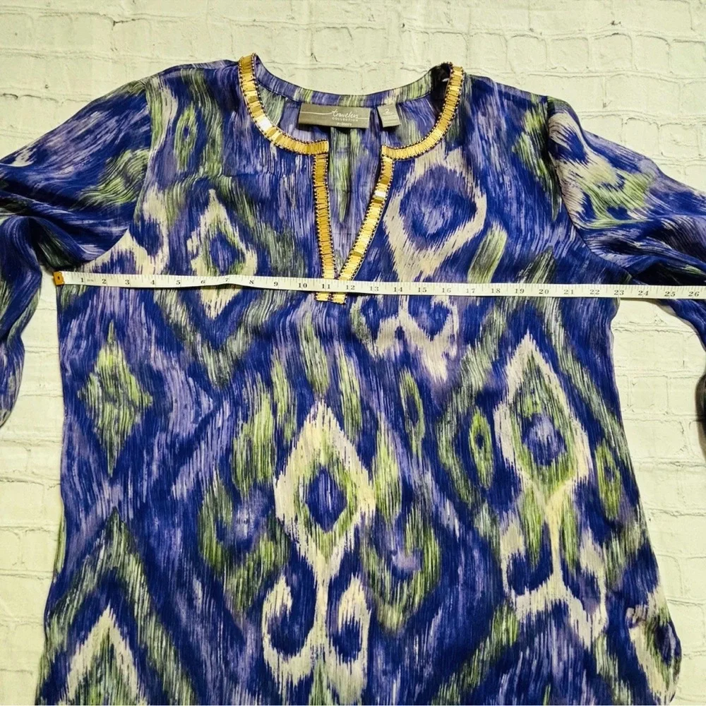 Chicos 2 Travelers Size Large Semi Sheer Blouse Purple 3/4 Sleeve Gold Trim Top - Picture 6 of 10